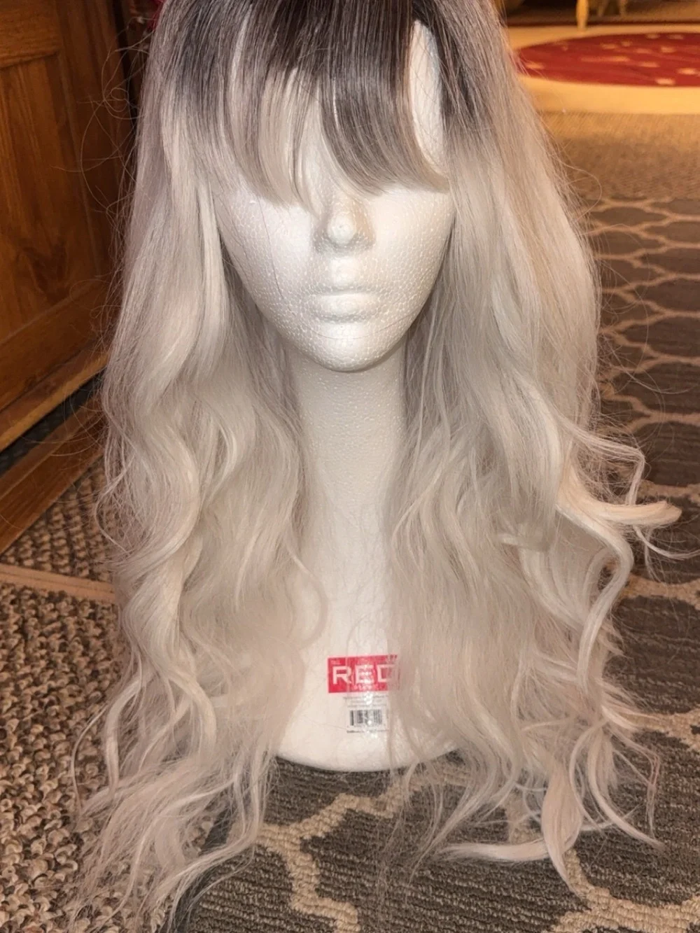 Long Wavy Ombre Women’s Wig with Bangs - Ash Blonde to Silver